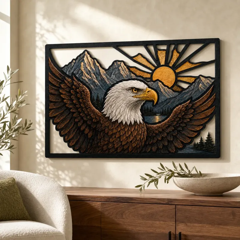 Weißkopfseeadler über den Bergen bei Sonnenaufgang – Bunte Metall-Wandkunst