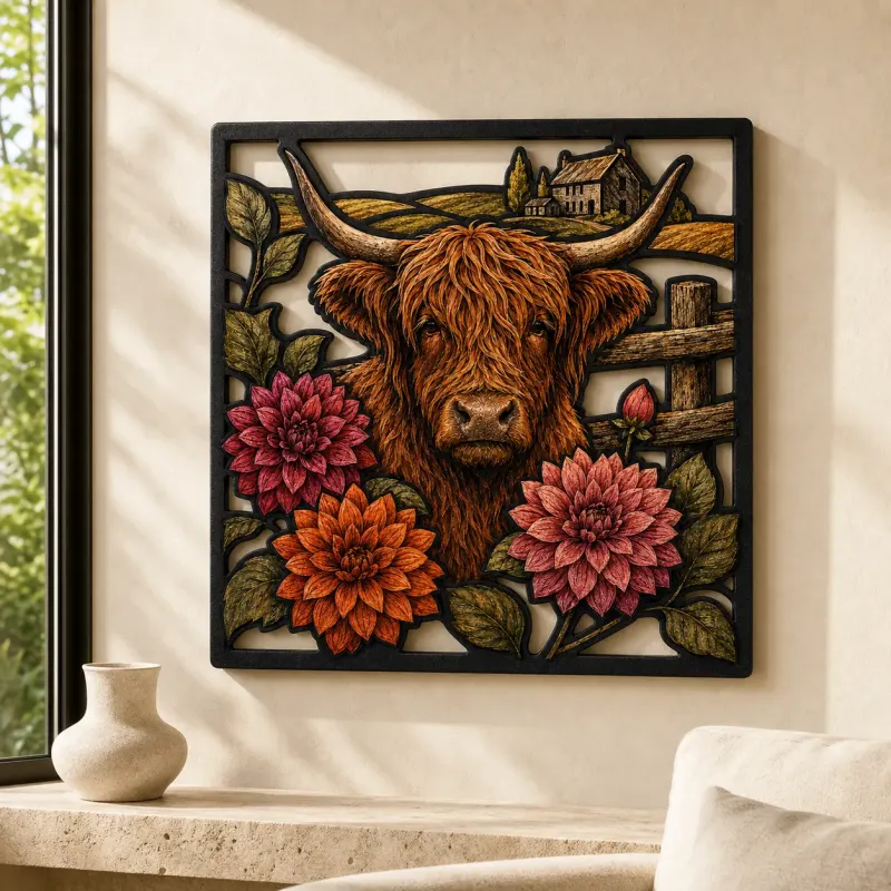 Highland Cow with Dahlias and Rustic Fence Colorful Metal Wall Art