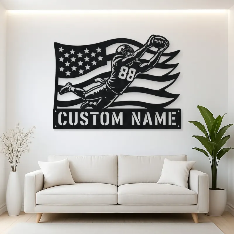 Personalized Number 88 Diving Receiver American Flag Metal Wall Art