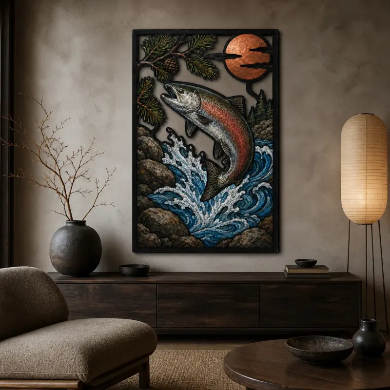 Salmon Leaping through Mountain River Rapids Colorful Metal Wall Art