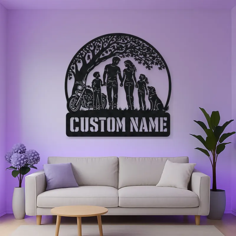 Personalized Family of Four Dog and Motorcycle Metal Wall Art