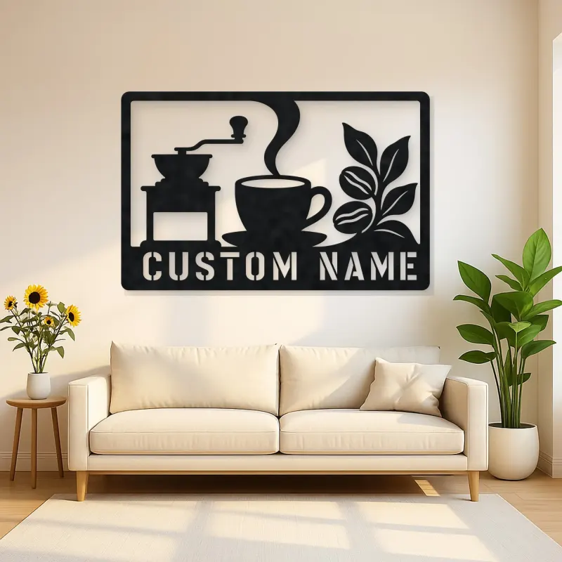 Personalized Coffee Station Metal Wall Art with Grinder