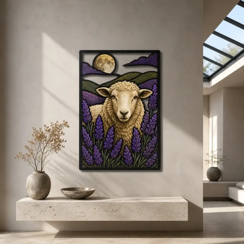 Sheep among Lavender Fields beneath Full Moon Colorful Metal Wall Art