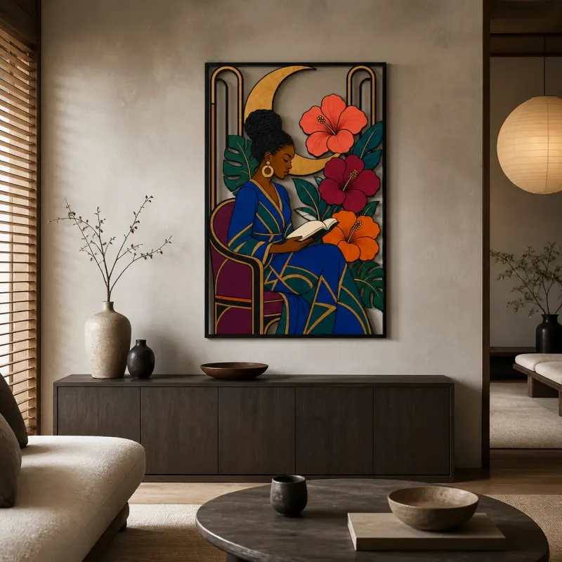 Black Woman Reading among Hibiscus and Moon Colorful Metal Wall Art