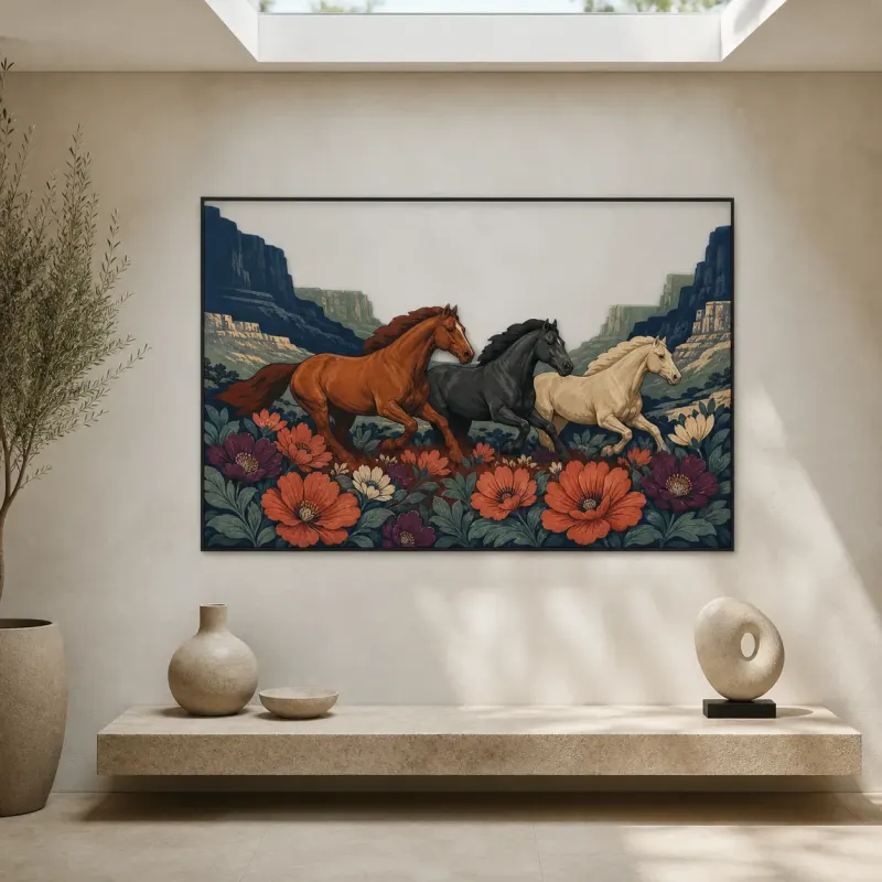 Three Wild Horses Running through Desert Flowers Colorful Metal Wall Art