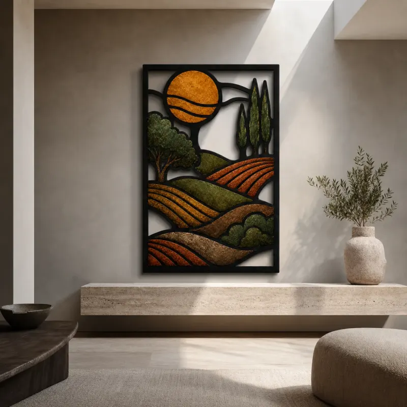 Mid Century Rolling Hills with Golden Sun Colorful Metal Wall Art