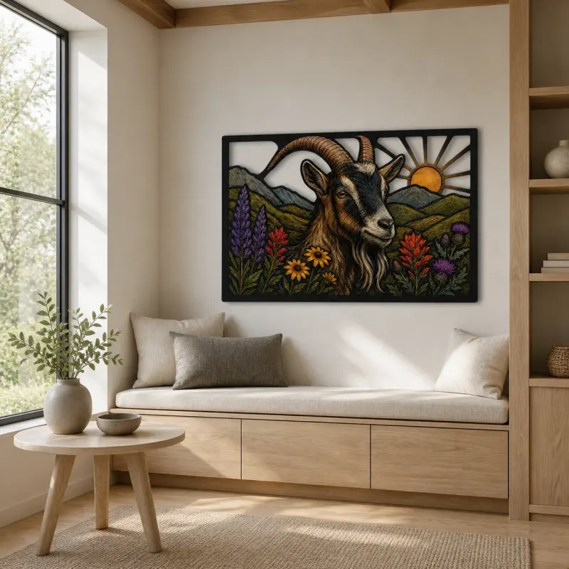 Goat with Mountain Wildflowers at Sunrise Colorful Metal Wall Art
