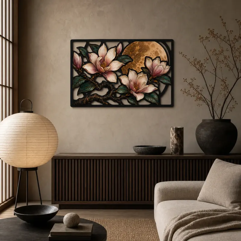Magnolia Branch with Blossoms and Full Moon Colorful Metal Wall Art