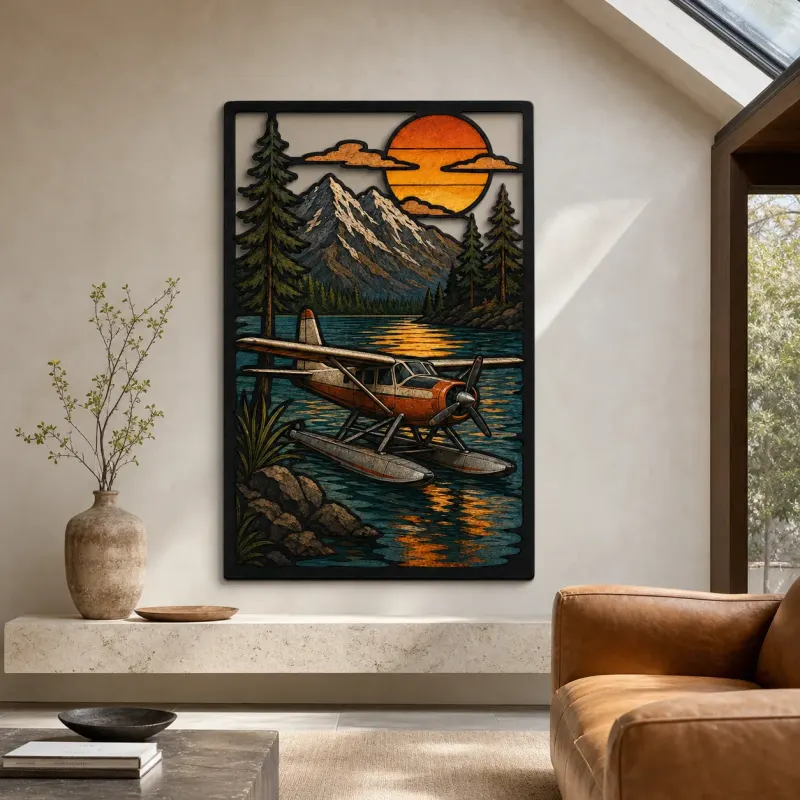 Vintage Seaplane on Mountain Lake at Sunset Colorful Metal Wall Art