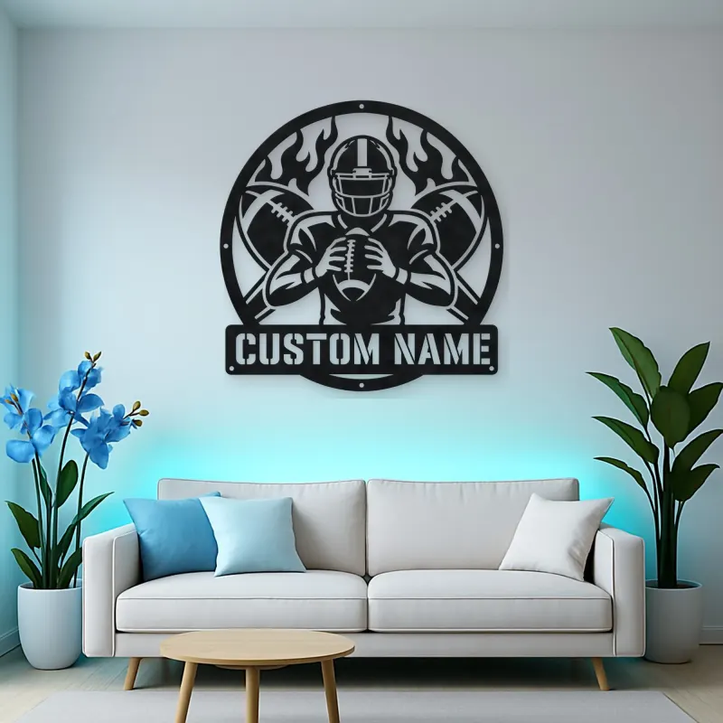 Personalized Football Player Crossed Balls Flame Metal Wall Art