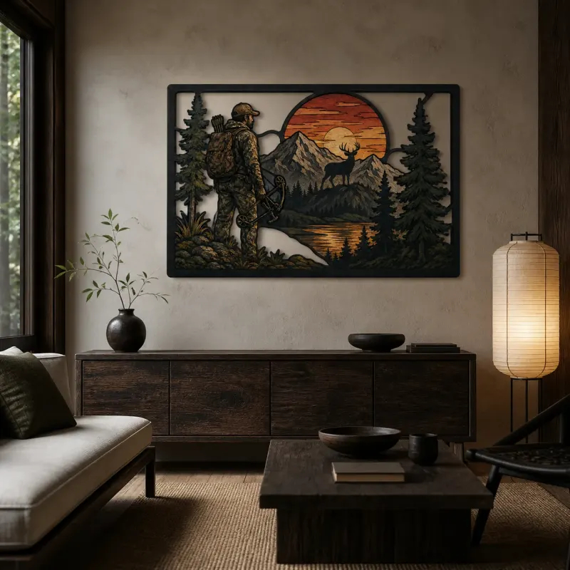 Hunter Watching Elk in Mountain Sunset Colorful Metal Wall Art