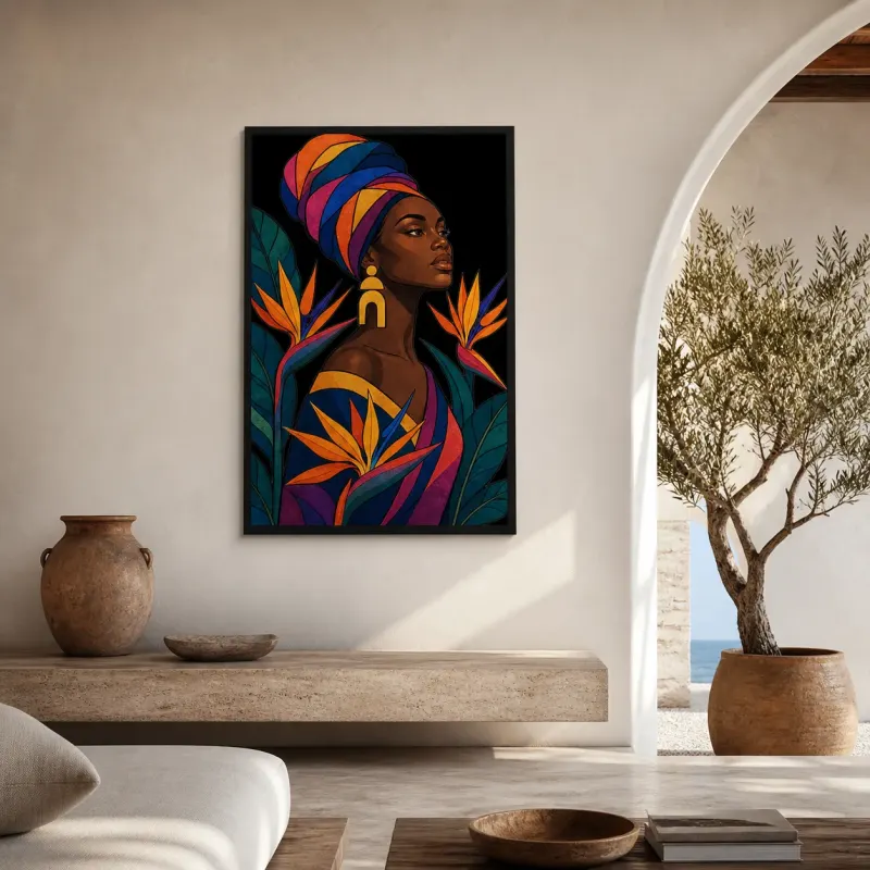 Afro Woman in Colorful Headwrap with Bird of Paradise Metal Wall Art