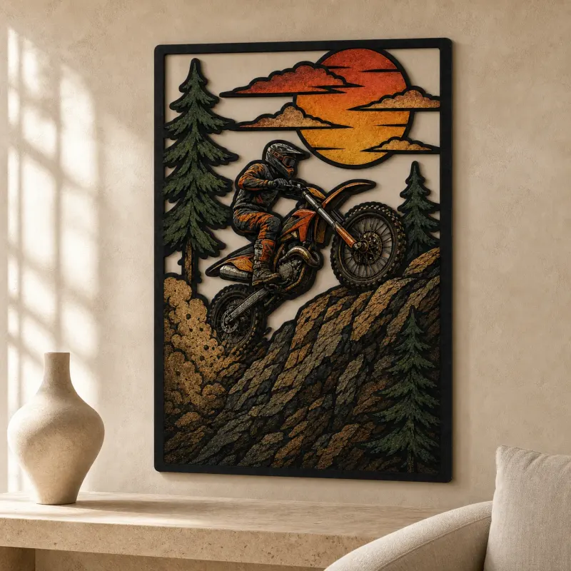 Dirt Bike Rider Jumping on Mountain Trail Colorful Metal Wall Art