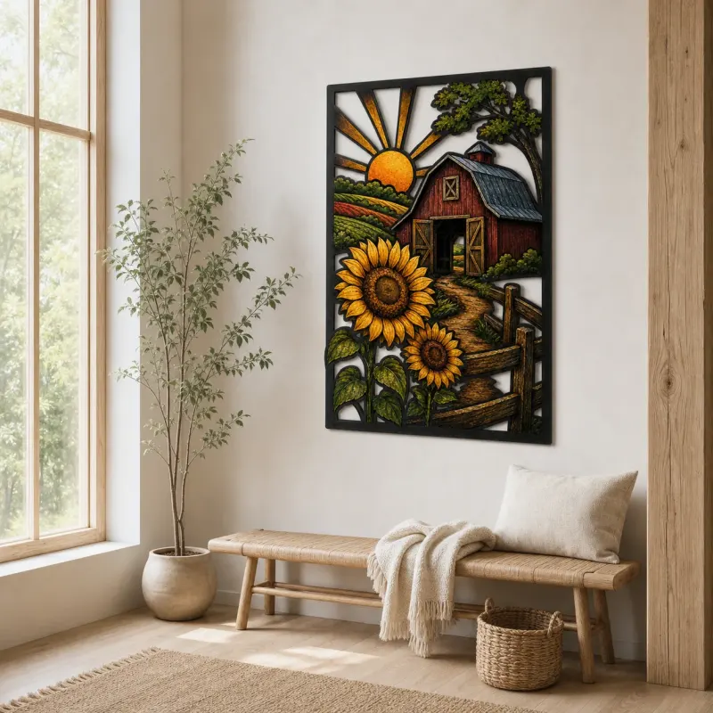 Red Barn with Sunflowers at Sunrise Colorful Metal Wall Art