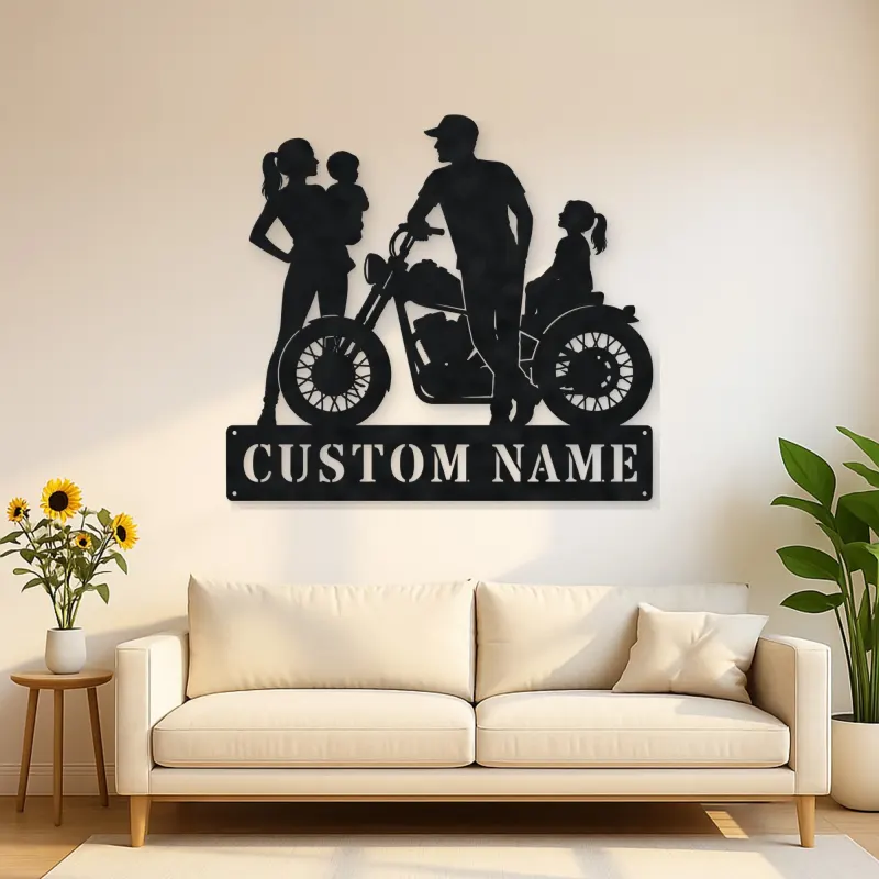 Personalized Motorcycle Family with Seated Daughter Metal Wall Art