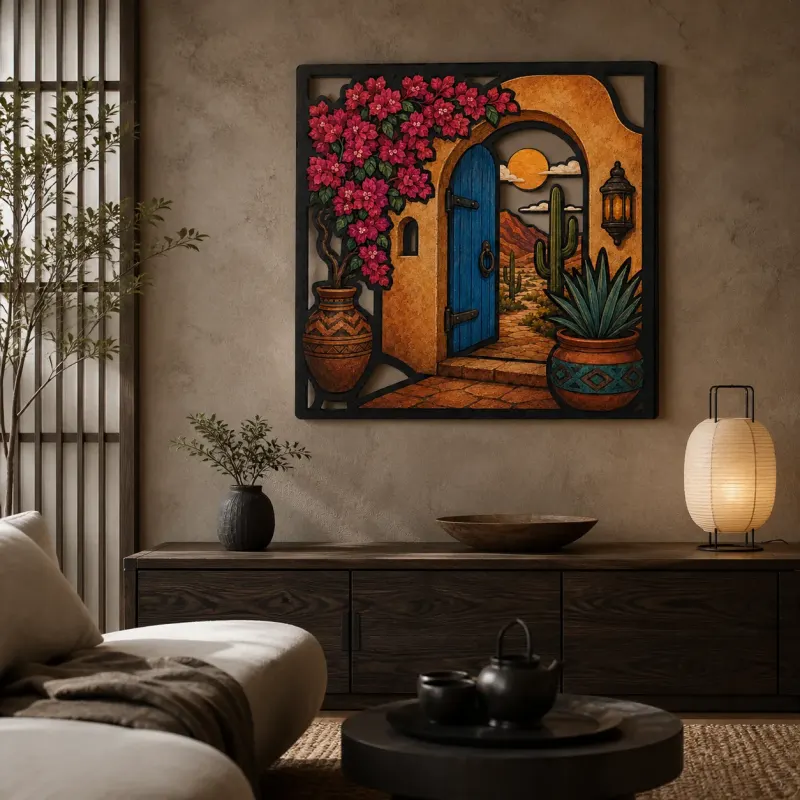 Blue Adobe Door with Bougainvillea and Cactus Colorful Metal Wall Art