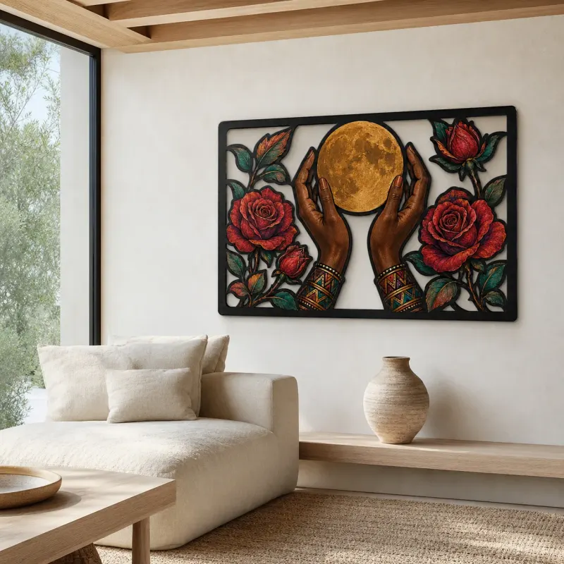 Hands Holding Full Moon between Red Roses Colorful Metal Wall Art