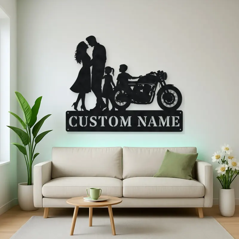 Personalized Classic Motorcycle Family of Four Metal Wall Art