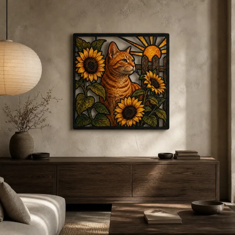 Orange Tabby Cat with Sunflowers by Barn Colorful Metal Wall Art