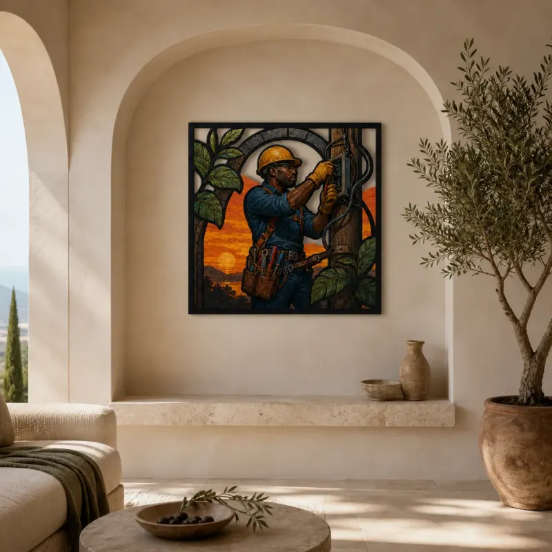 Electrician Working on Panel at Sunset Colorful Metal Wall Art