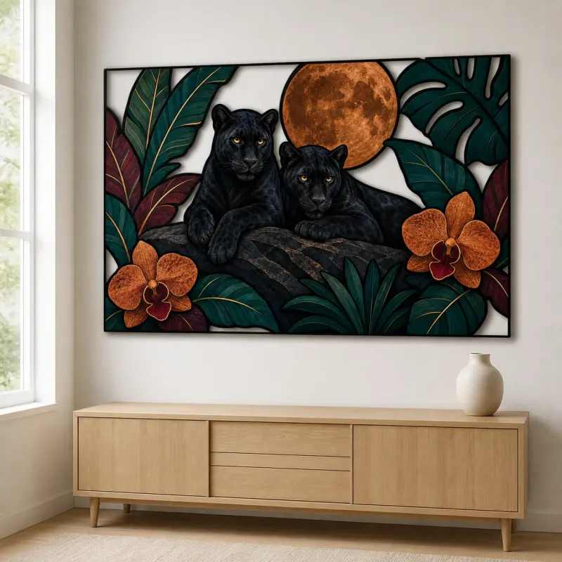 Black Panther Pair with Orchids and Full Moon Colorful Metal Wall Art