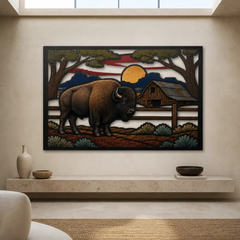 Bison beside Rustic Ranch Barn at Sunset Colorful Metal Wall Art