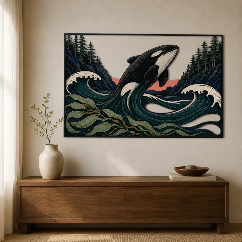 Orca, die durch Ozeanwellen springt, neben Kiefernwald Farbige Metall-Wandkunst