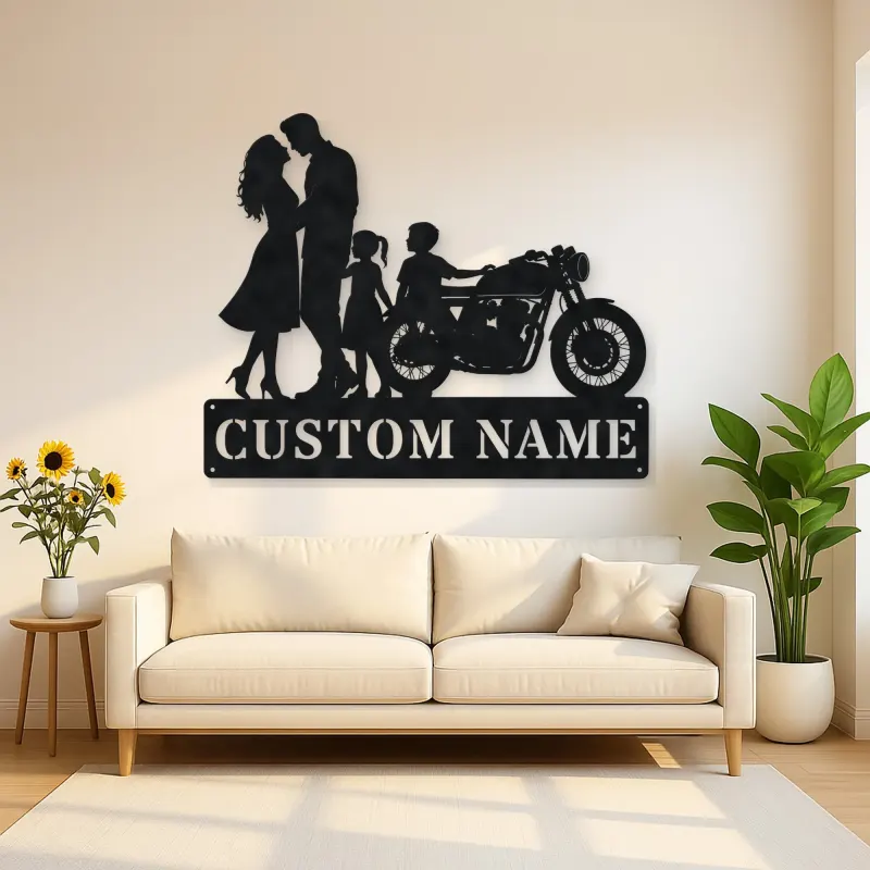 Personalized Classic Motorcycle Family of Four Metal Wall Art
