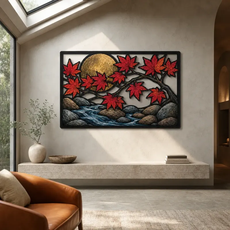 Red Maple Branch over Lotus Stream and Full Moon Colorful Metal Wall Art