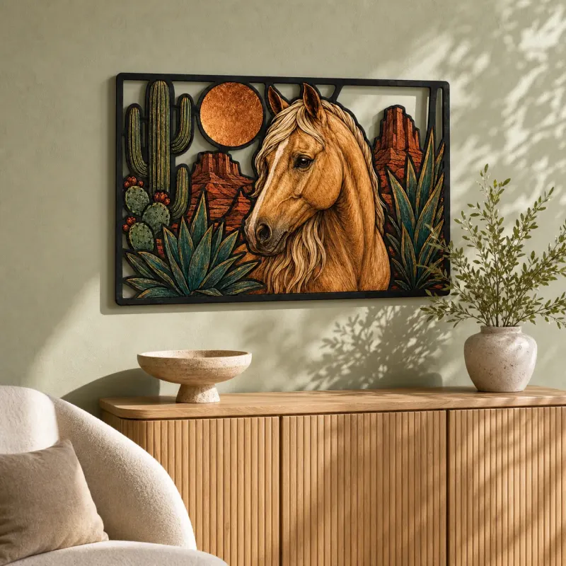 Palomino Horse with Cactus and Desert Moon Colorful Metal Wall Art