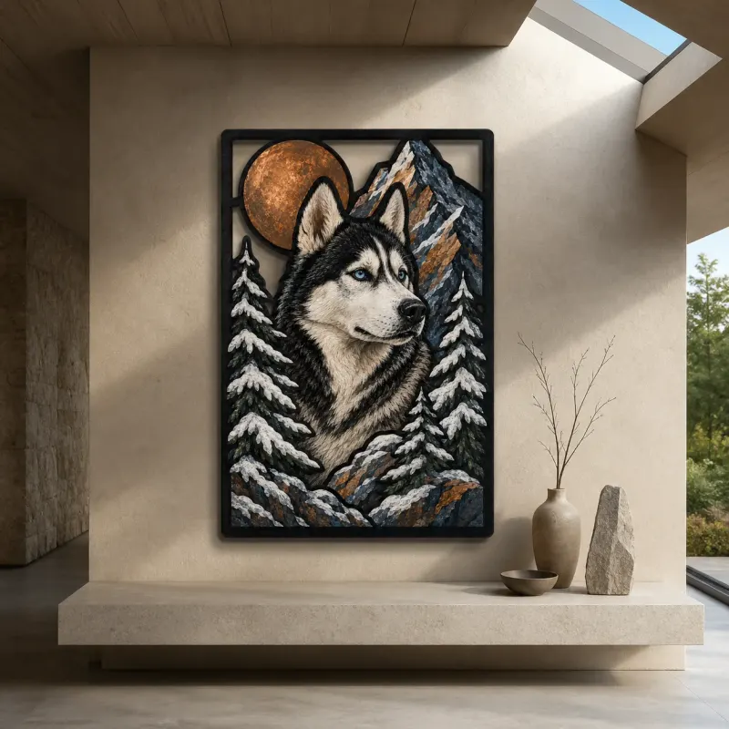 Siberian Husky in Snowy Mountains beneath Moon Colorful Metal Wall Art