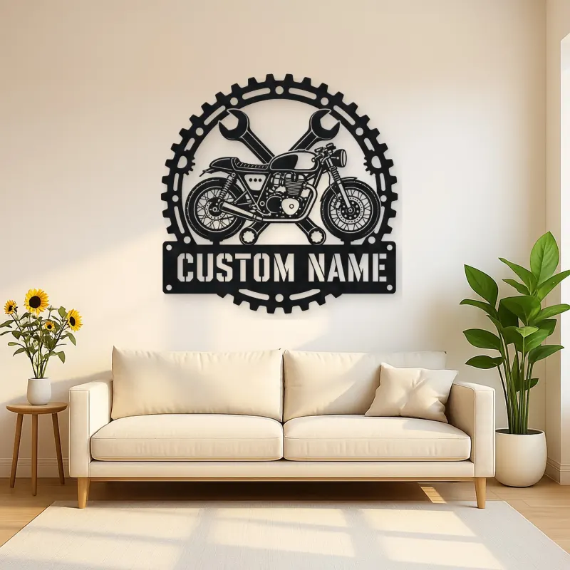 Personalized Cafe Racer Motorcycle Wrench Gear Metal Wall Art