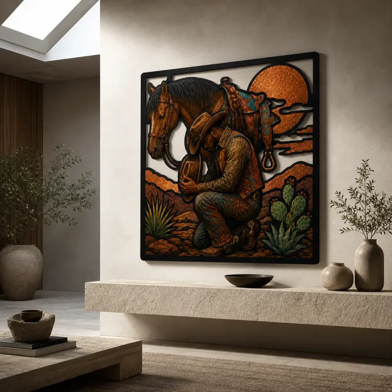 Praying Cowboy beside Saddled Horse at Sunset Colorful Metal Wall Art