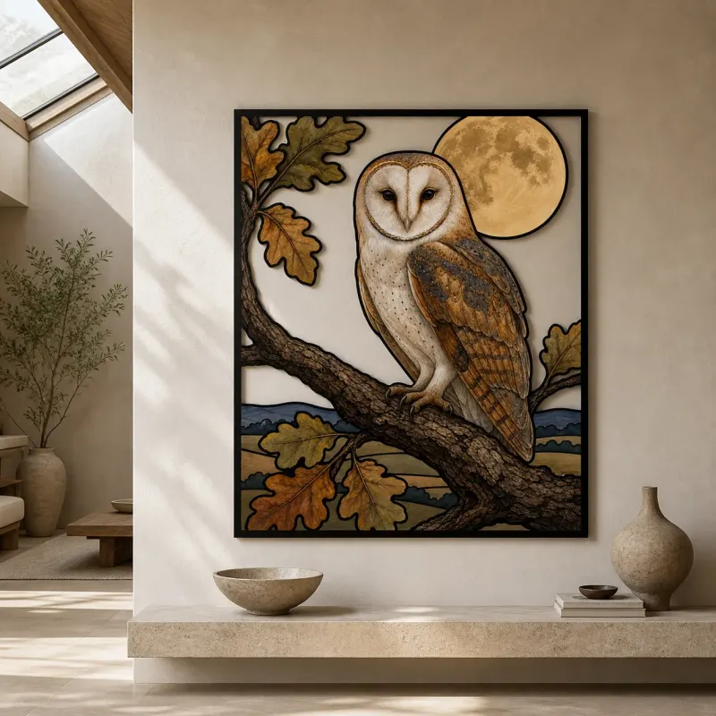 Barn Owl on Oak Branch beneath Full Moon Colorful Metal Wall Art