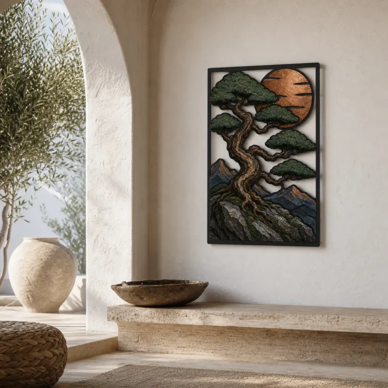 Bonsai Pine on Mountain Cliff at Sunset Colorful Metal Wall Art