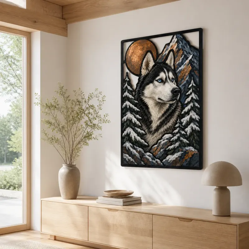 Siberian Husky in Snowy Mountains beneath Moon Colorful Metal Wall Art