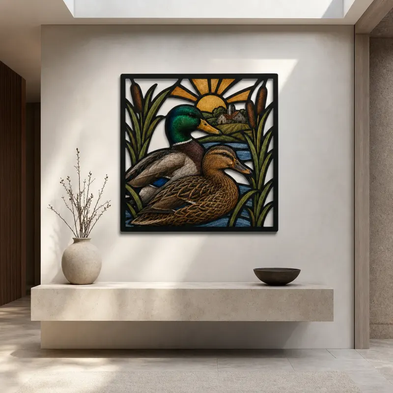Mallard Duck Pair by Peaceful Farm Pond Colorful Metal Wall Art