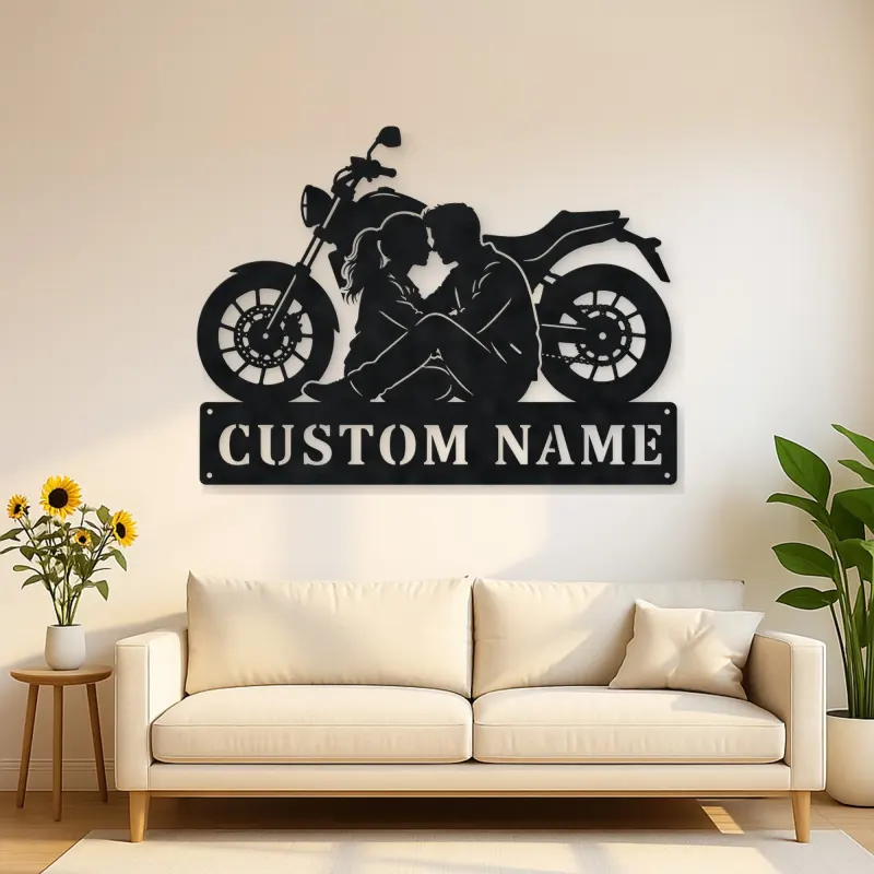 Personalized Seated Couple and Motorcycle Metal Wall Art
