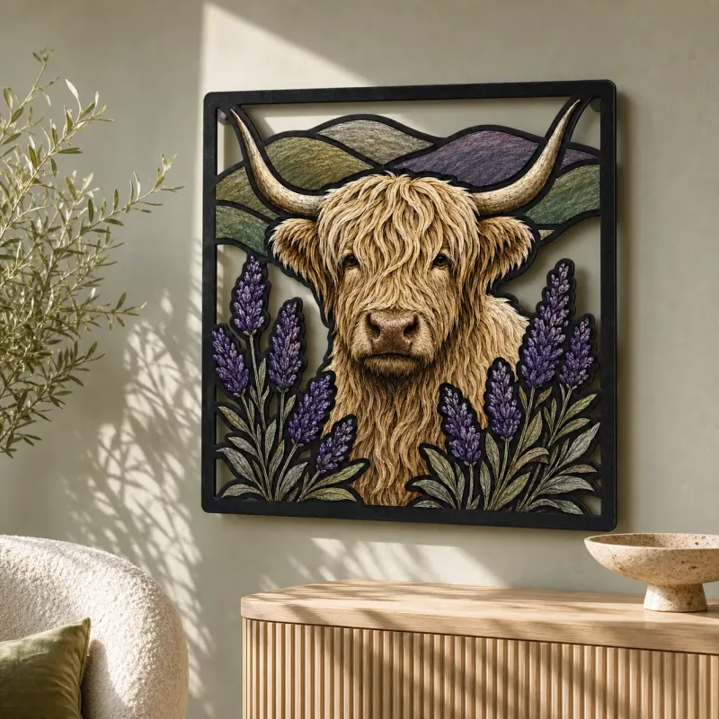 White Highland Cow with Lavender and Mountains Colorful Metal Wall Art