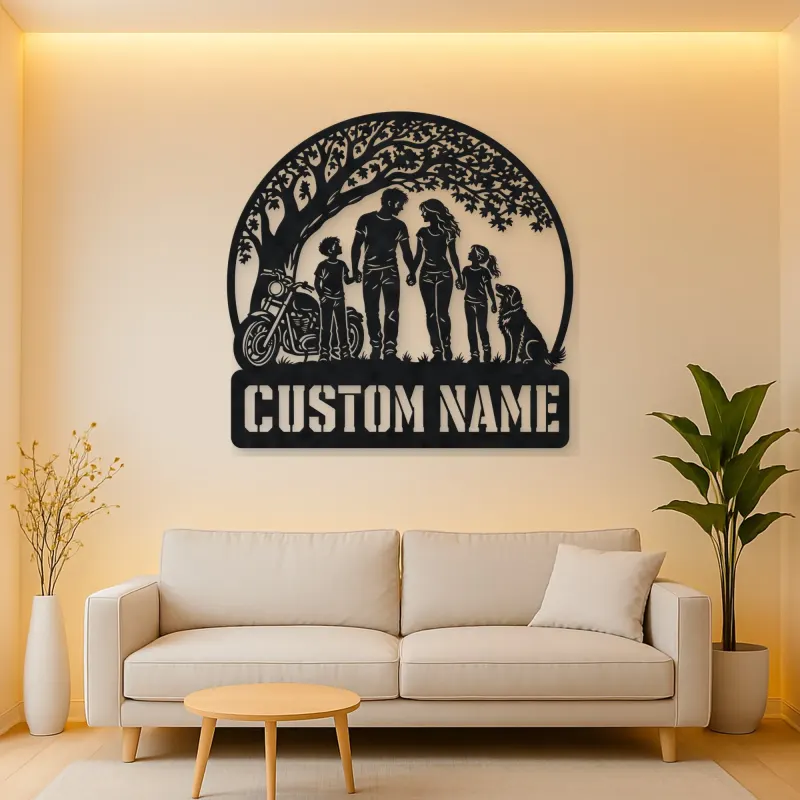Personalized Family of Four Dog and Motorcycle Metal Wall Art