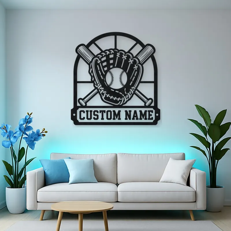 Personalized Baseball Glove Ball and Crossed Bats Metal Wall Art