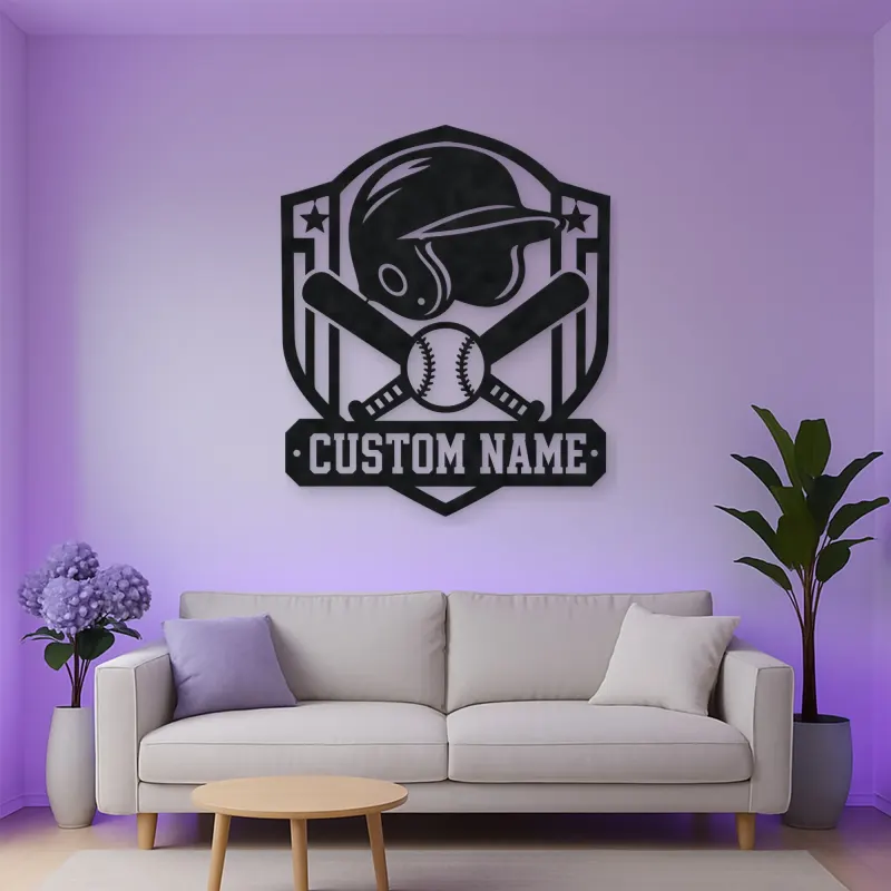 Personalized Baseball Helmet Crossed Bats Shield Metal Wall Art