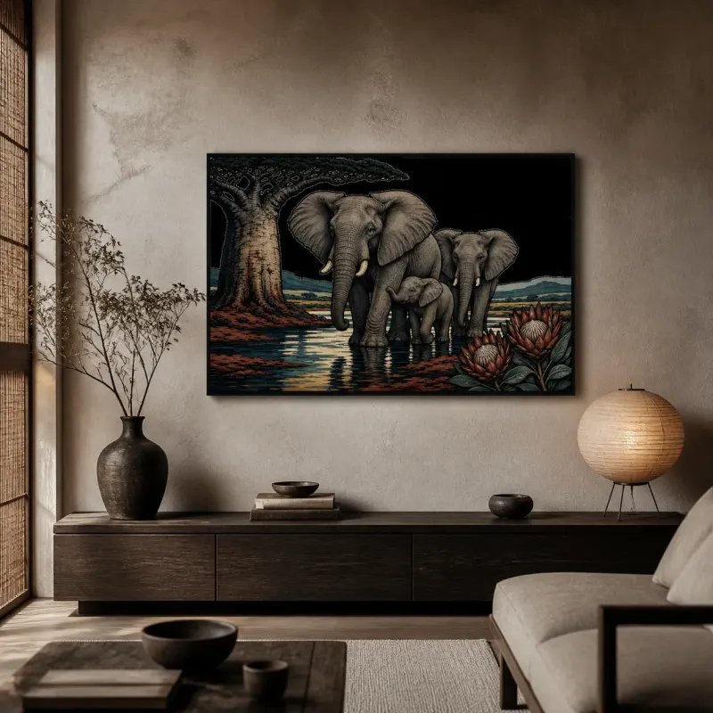 Elephant Family beneath Baobab by Water Colorful Metal Wall Art