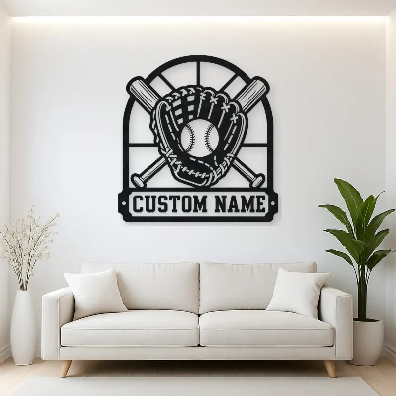 Personalized Baseball Glove Ball and Crossed Bats Metal Wall Art