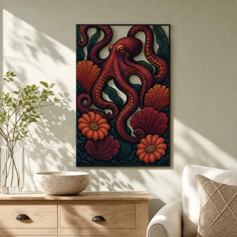 Red Octopus with Coral and Botanical Flowers Colorful Metal Wall Art