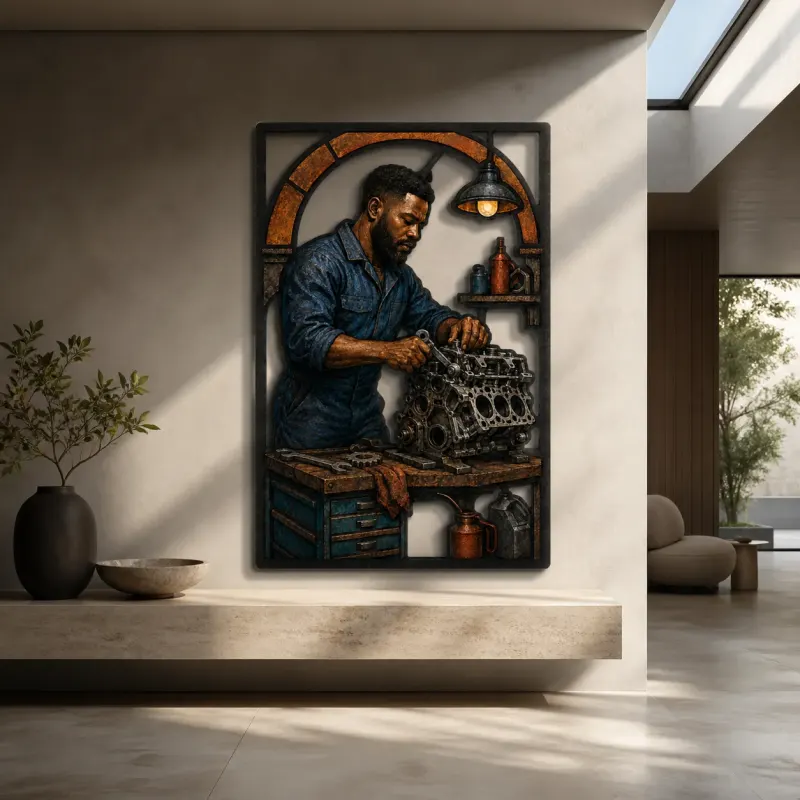 Auto Mechanic Rebuilding Engine in Workshop Colorful Metal Wall Art