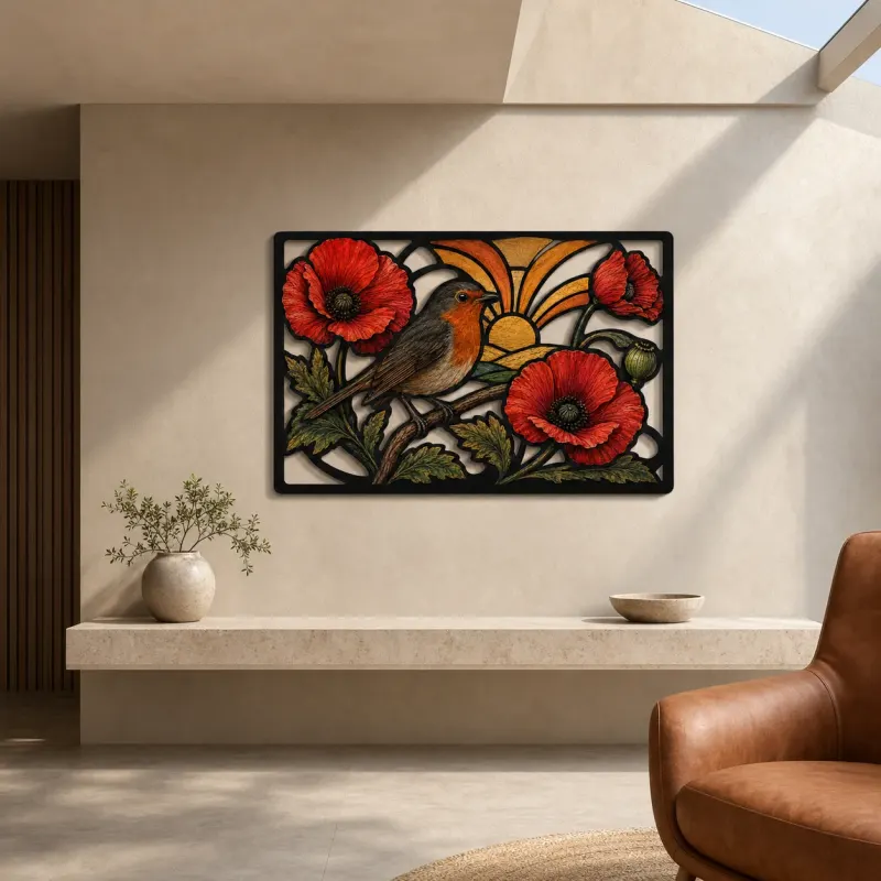 Robin among Red Poppies at Sunrise Colorful Metal Wall Art