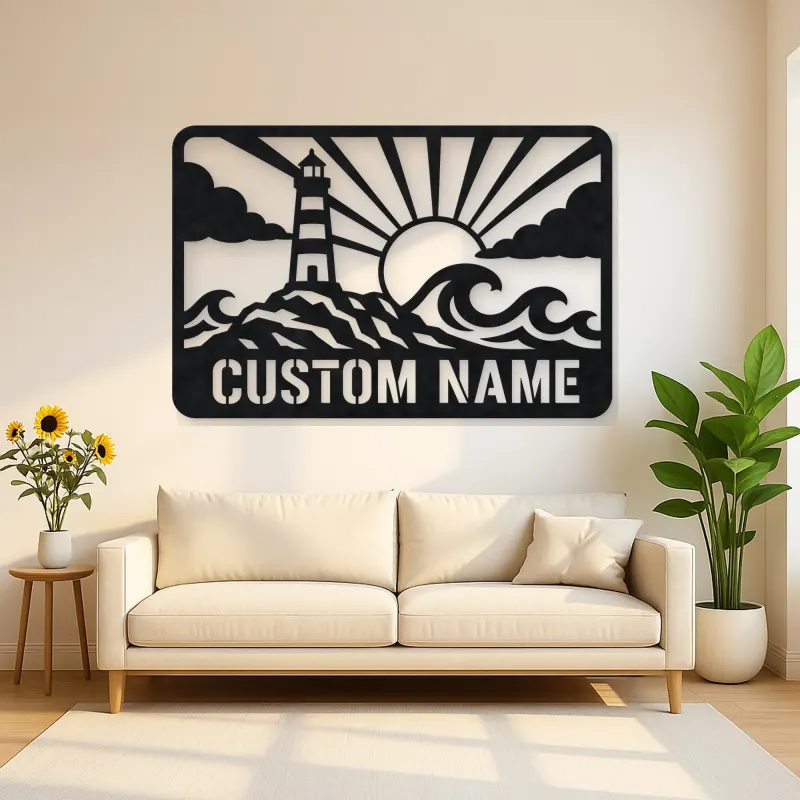 Personalized Lighthouse Metal Wall Art with Ocean Waves
