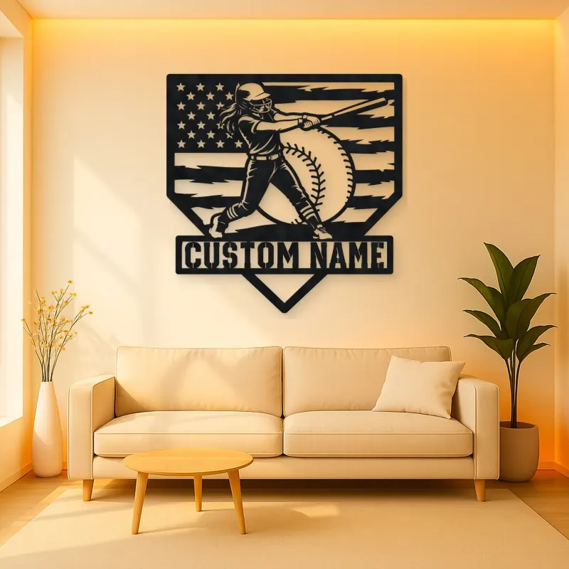Personalized Female Softball Power Swing American Flag Metal Wall Art