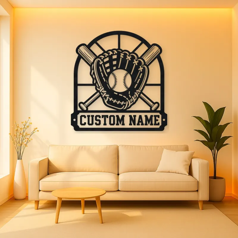 Personalized Baseball Glove Ball and Crossed Bats Metal Wall Art